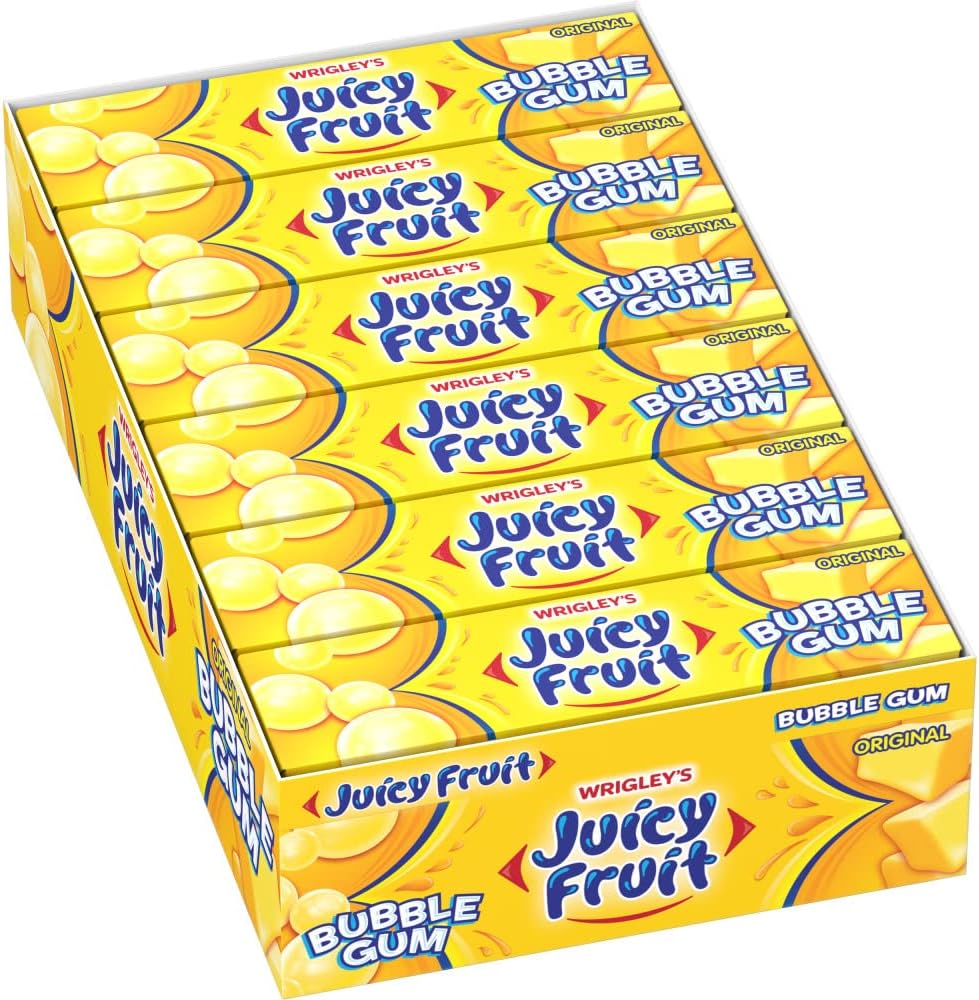Juicy Fruit classic sweet flavor sugarless chewing gum bottle top view