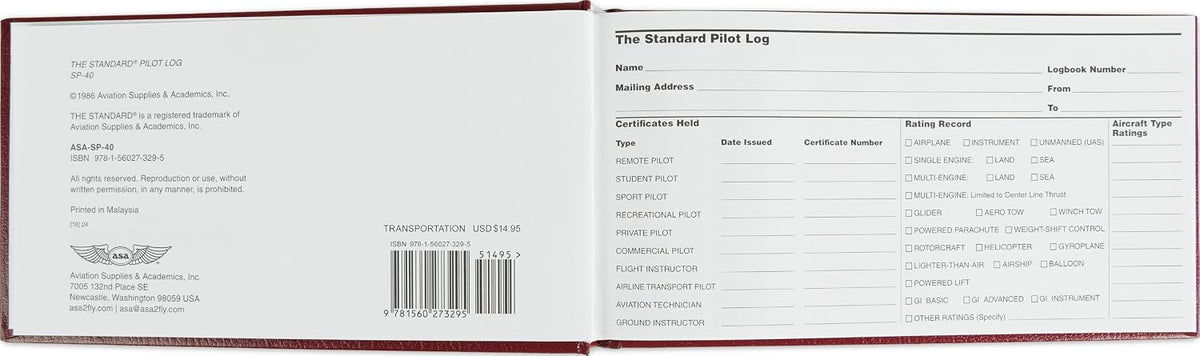 ASA SP 40 pilot logbook gold foil logo detail