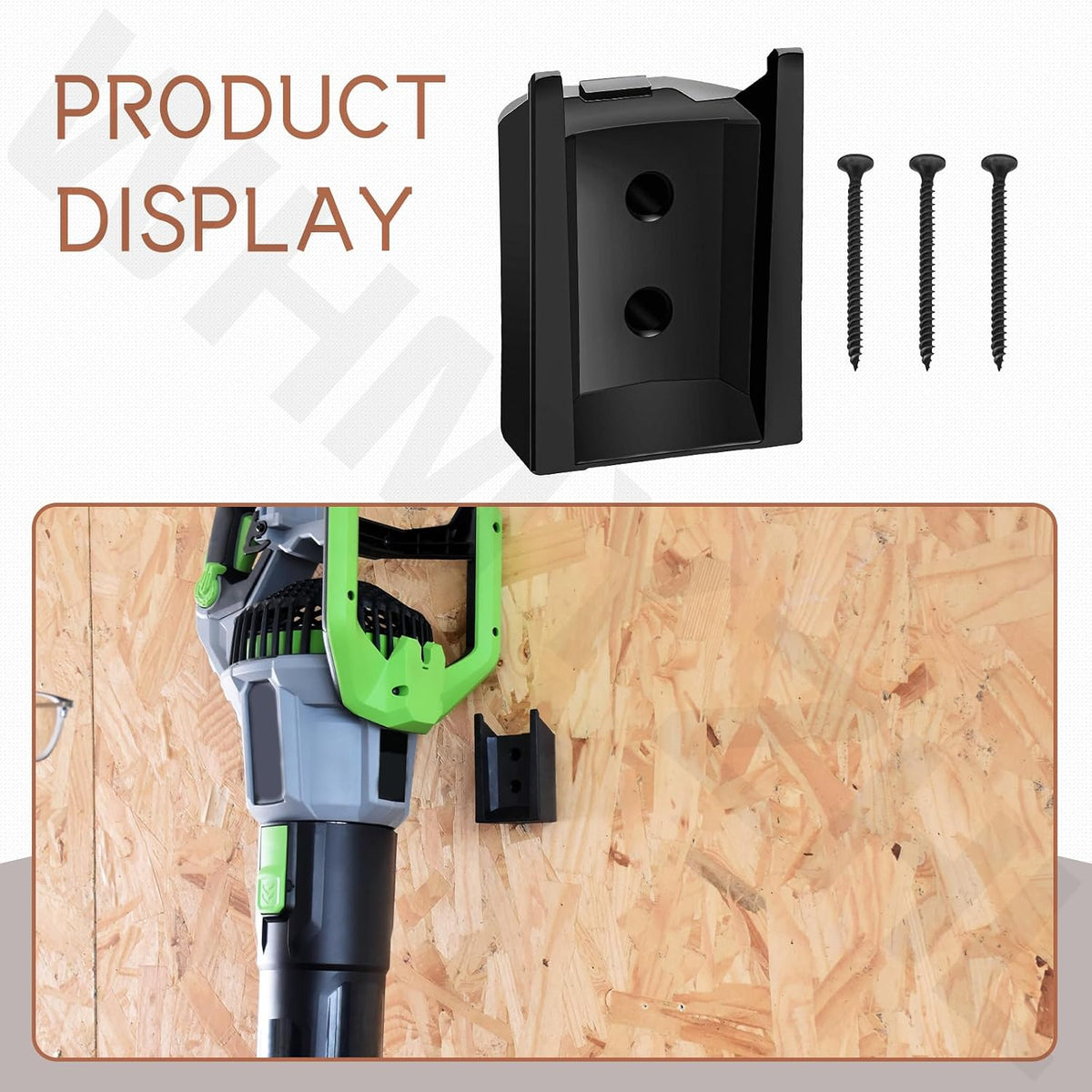 Installed wall mount bracket holding cordless leaf blower securely