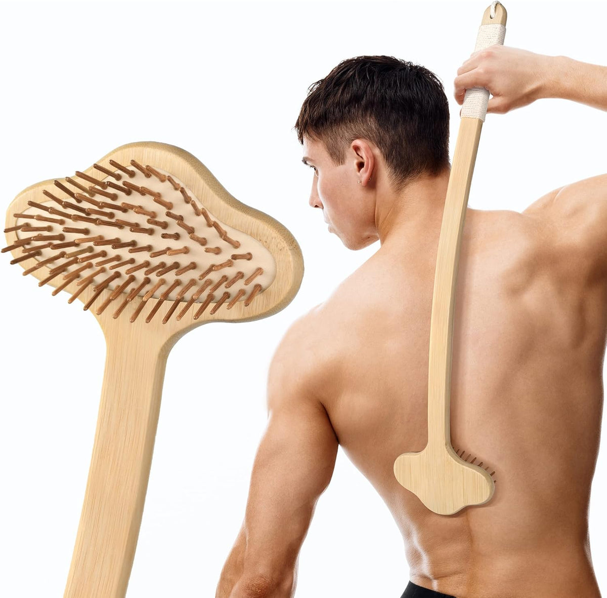 NURENDER oversized back scratcher front view showing long curved bamboo handle and wide cloud head