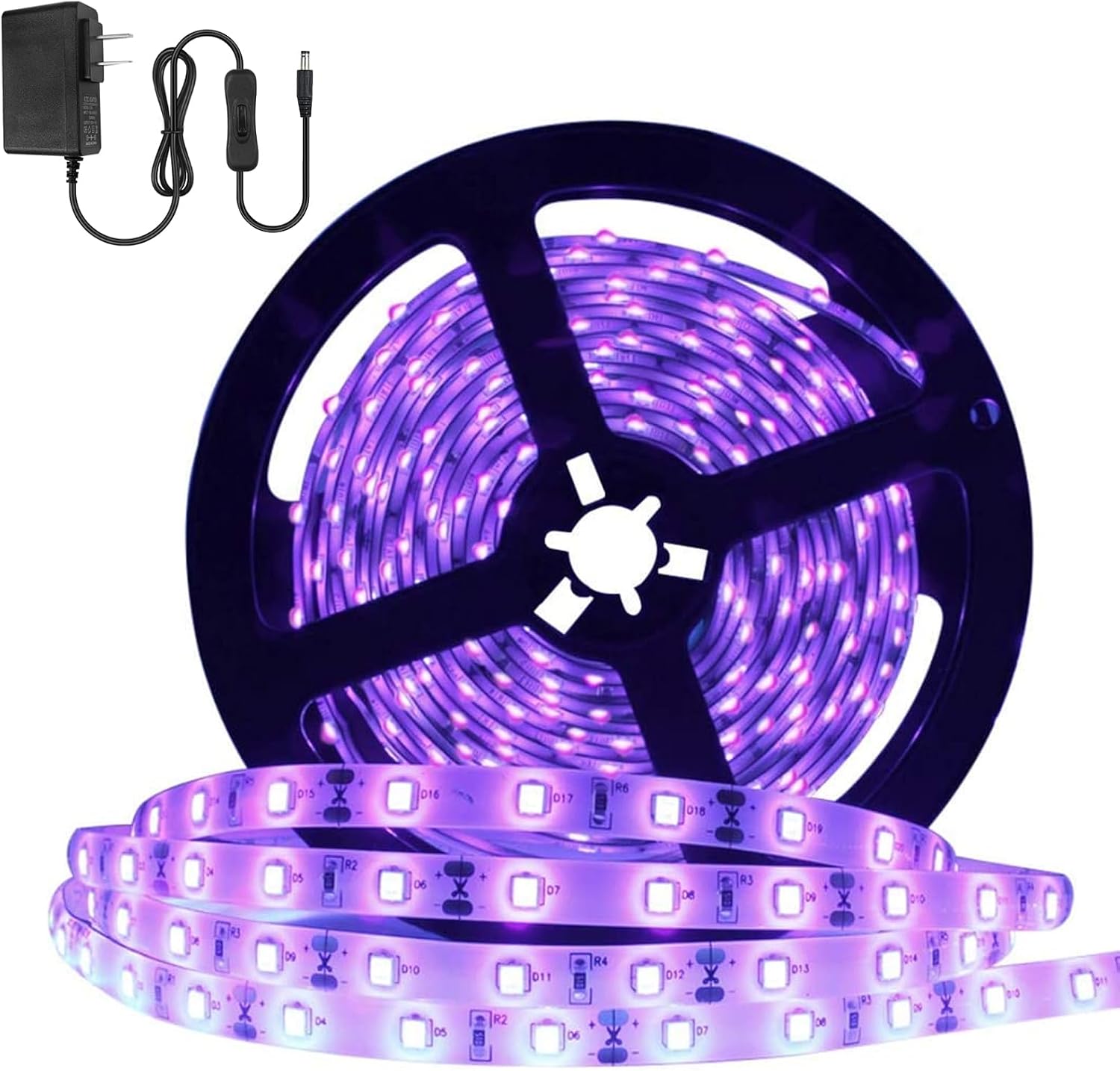 YGS-Tech UV black light LED strip front view on plastic spool