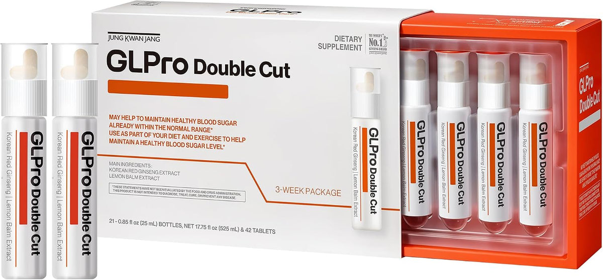 Jung Kwan Jang GLPro Double Cut box front view showing liquid vial and tablets.