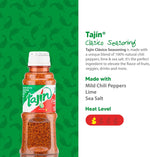 Tajin seasoning bottle featured next to a glass with a chili rim