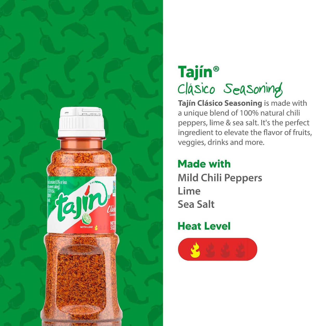 Tajin seasoning bottle featured next to a glass with a chili rim