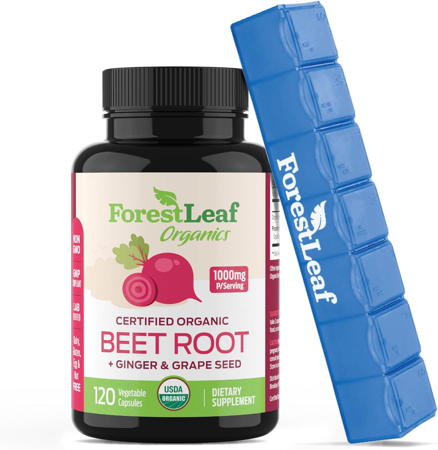 Organic Beet Root Capsules with Ginger and Grape Seed 1000mg Serving - 20:1 Beetroot Extract - Supports Blood Flow and Energy - Beets Supplements w/Beet Root Powder (Blue, 120 Count (Pack of 1)) - Image 1