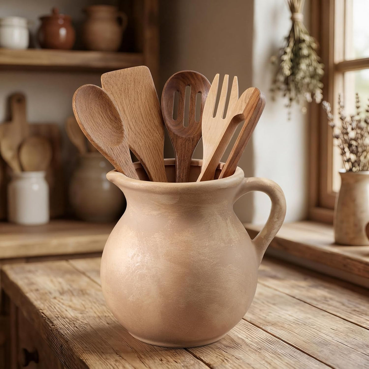 Potchen ceramic utensil holder showing wide opening and spacious interior