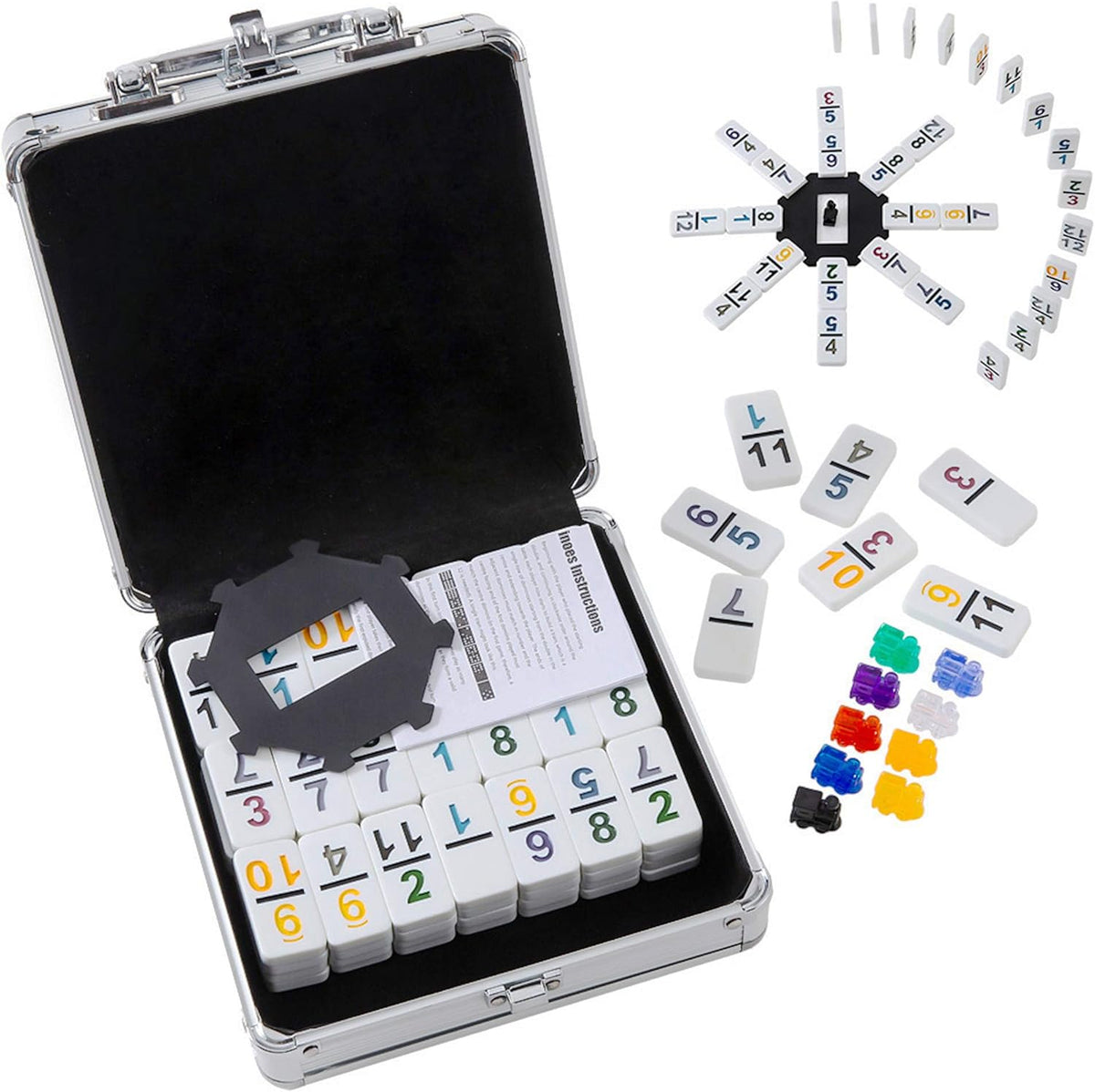 Homwom Mexican Train Dominoes set front view in aluminum case
