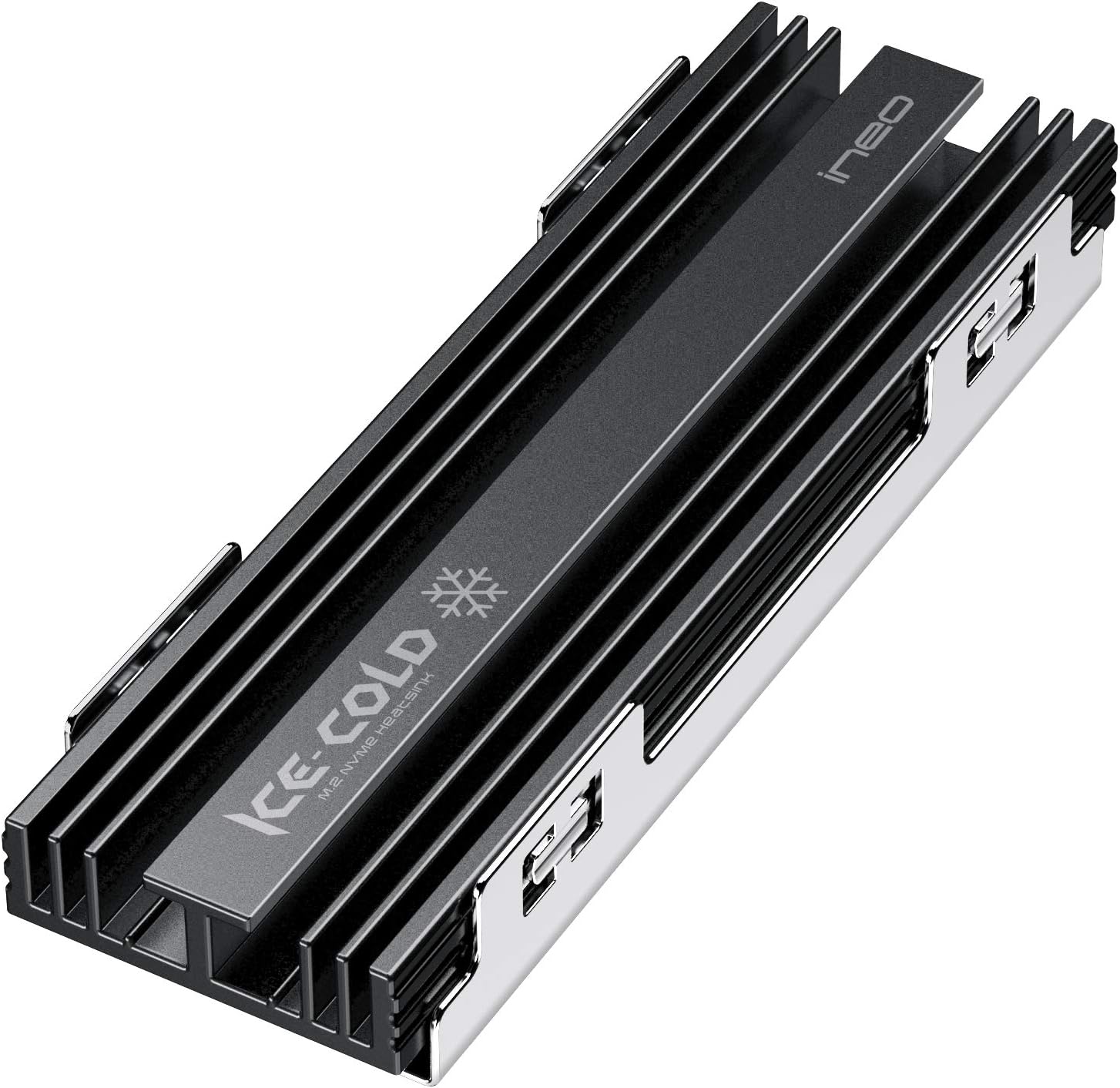 Ineo M.2 2280 NVMe SSD heatsink front view showing aluminum cooling fins