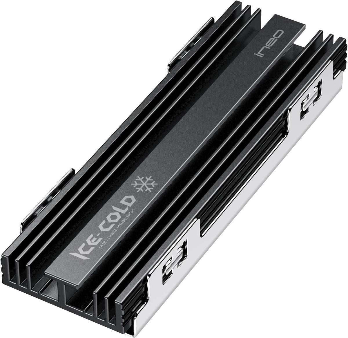 Ineo M.2 2280 NVMe SSD heatsink front view showing aluminum cooling fins