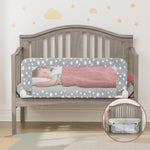 NUTIKAS crib rail guard for toddlers front view showcasing breathable white mesh protective barrier.