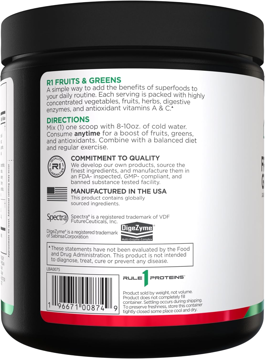 Rule 1 Fruits and Greens powder ingredient highlights graphic