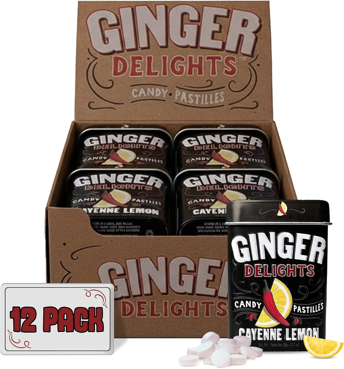 Ginger Delights Four Flavor Variety Pack | Genuine Ground Ginger Root, Natural Flavors | Kosher Certified, Vegan, Gluten Free | Aspartame & Xylitol Free | 30 Count Tin (Pack of 12) - Image 10