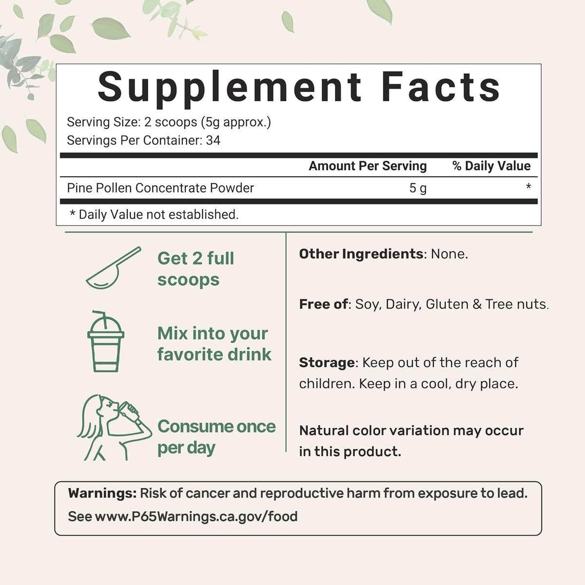 Micro Ingredients pine pollen powder back label and serving size details