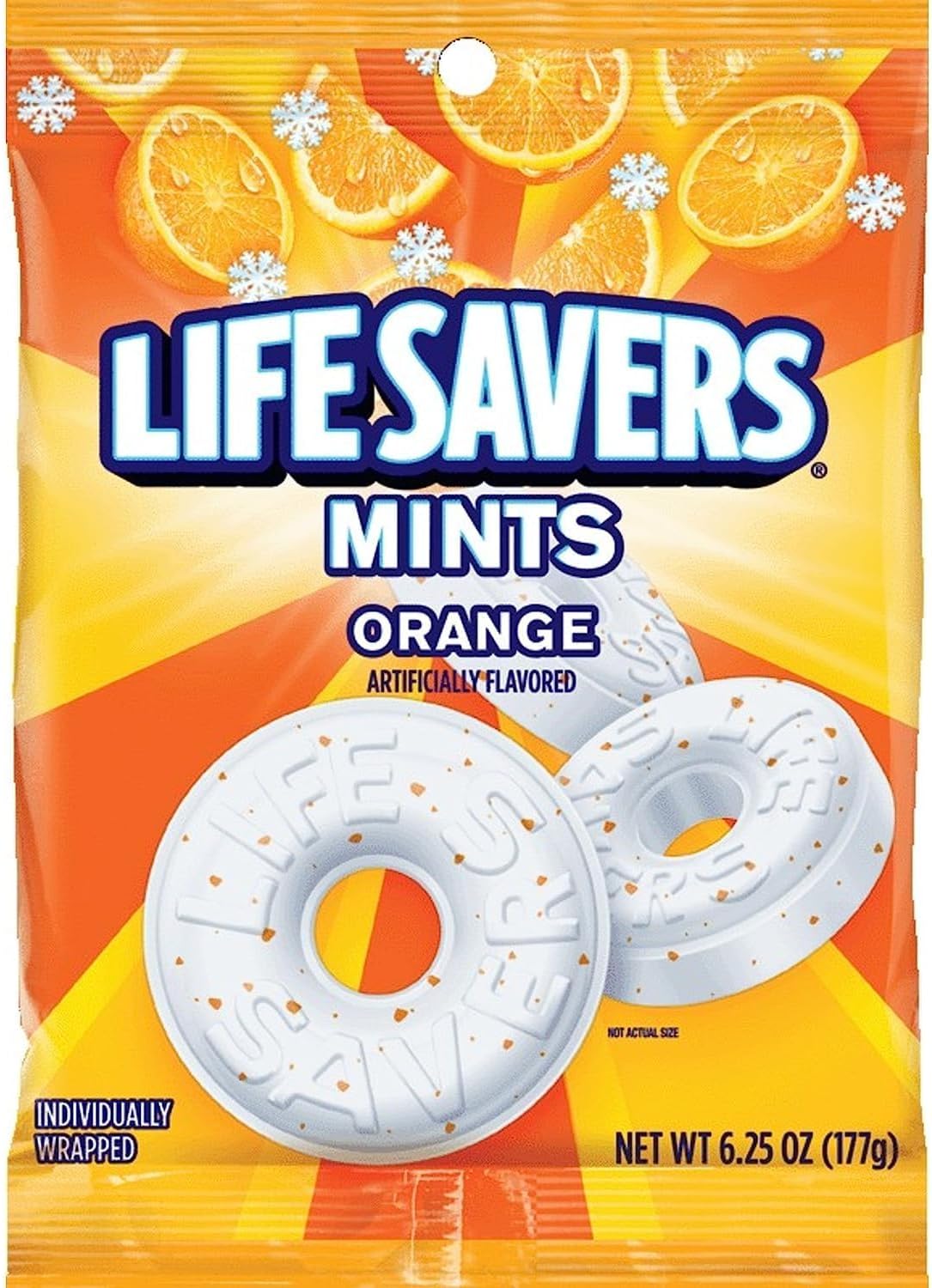 Three individual bags of Life Savers Orange Mint hard candies.