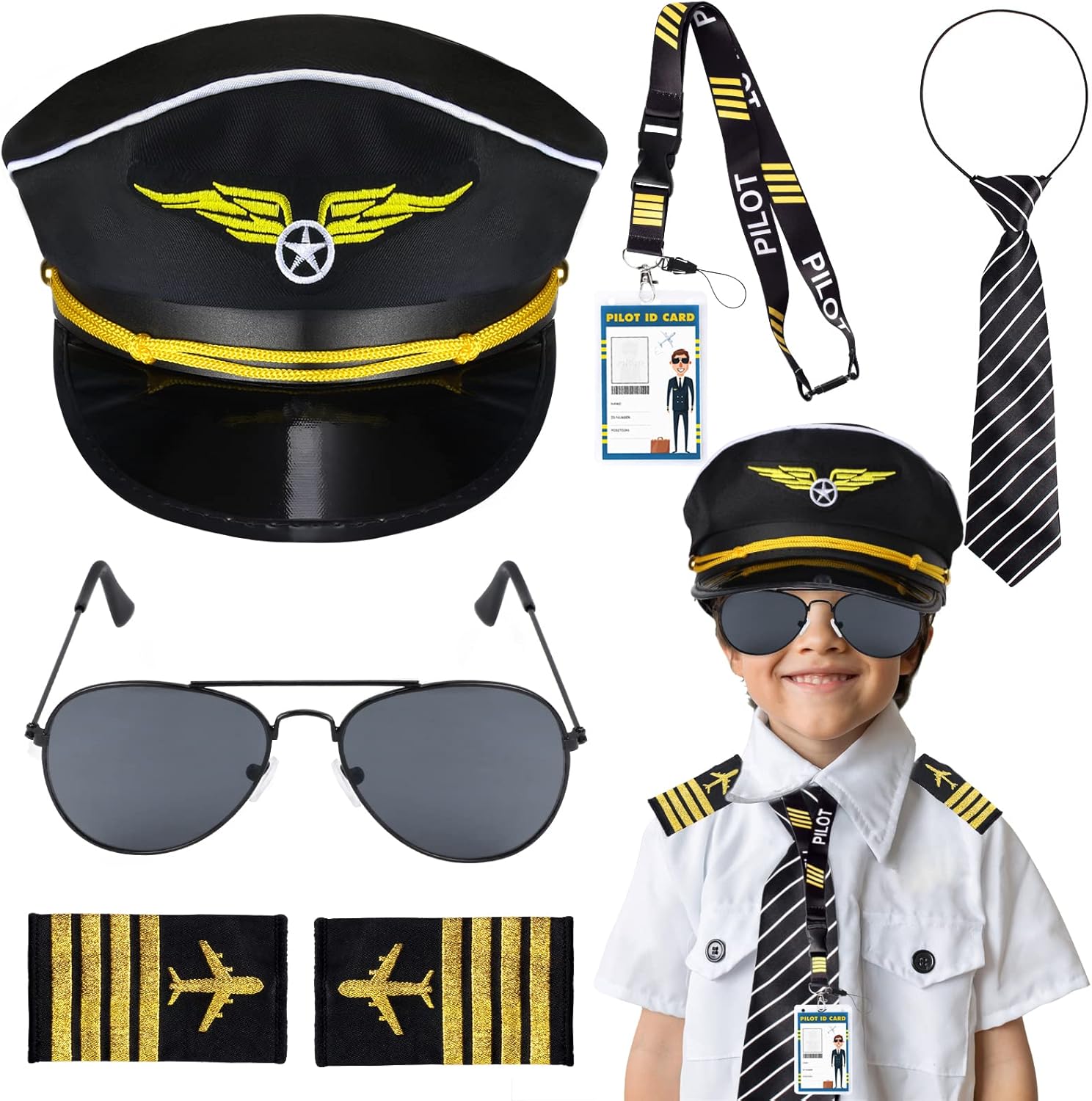 Keymall Kids Pilot Costume Accessories Set front view with hat and sunglasses