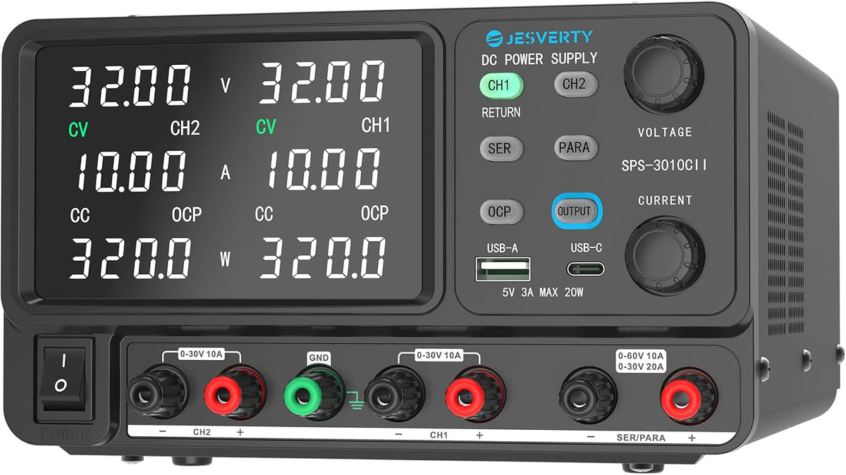 Jesverty 0-32V power supply in operation during a hardware testing session.