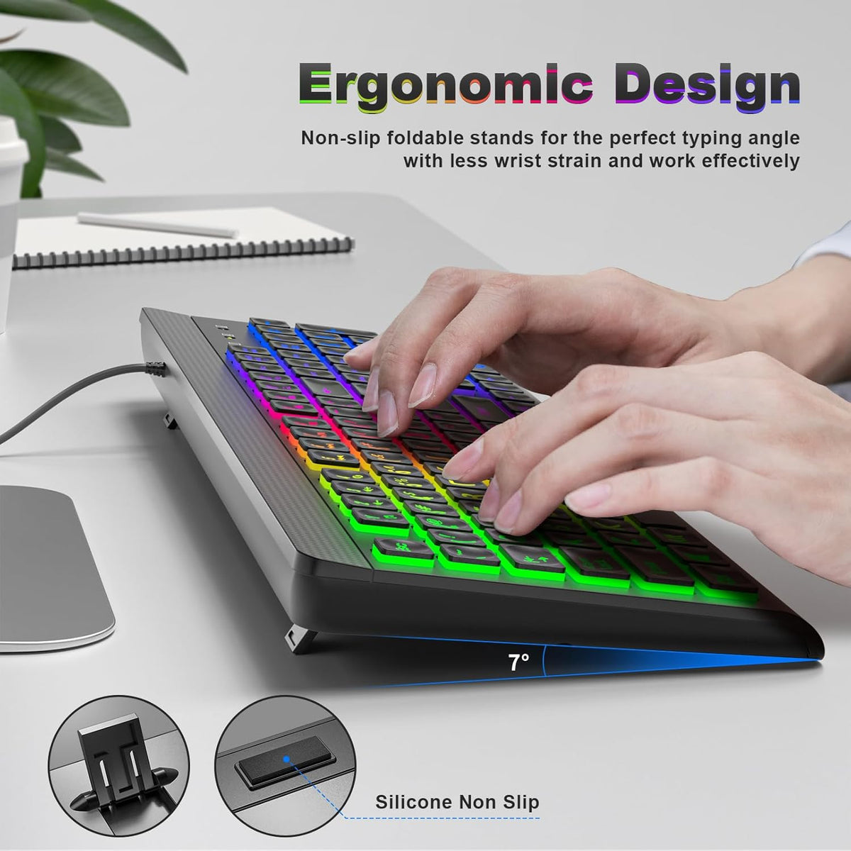 MOWUX USB keyboard connector cable highlighting plug-and-play setup