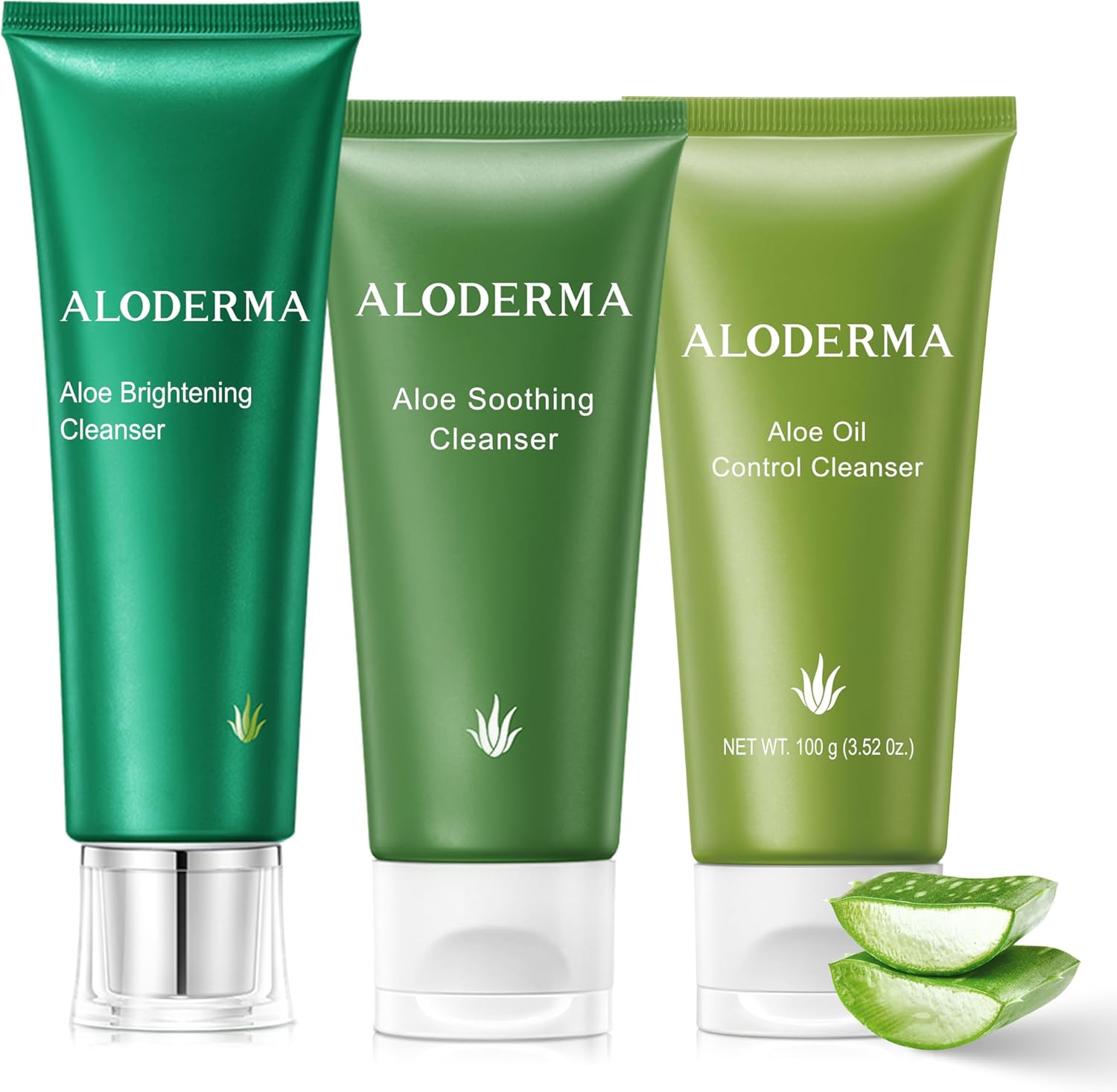 Aloderma Aloe Cleanser Set front view showcasing three authentic imported face washes.