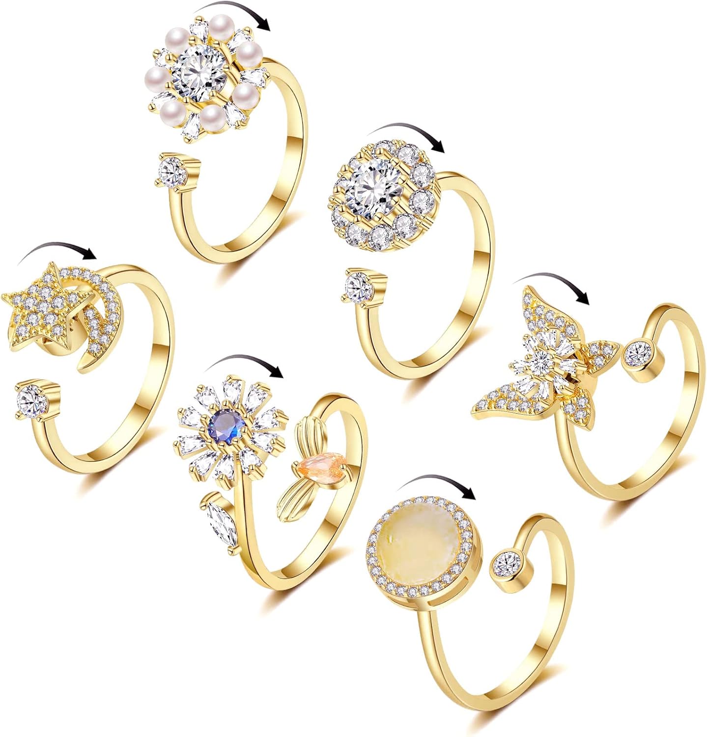 Honsny 14K Gold Plated Anxiety Rings set front view showcasing butterfly and bee designs