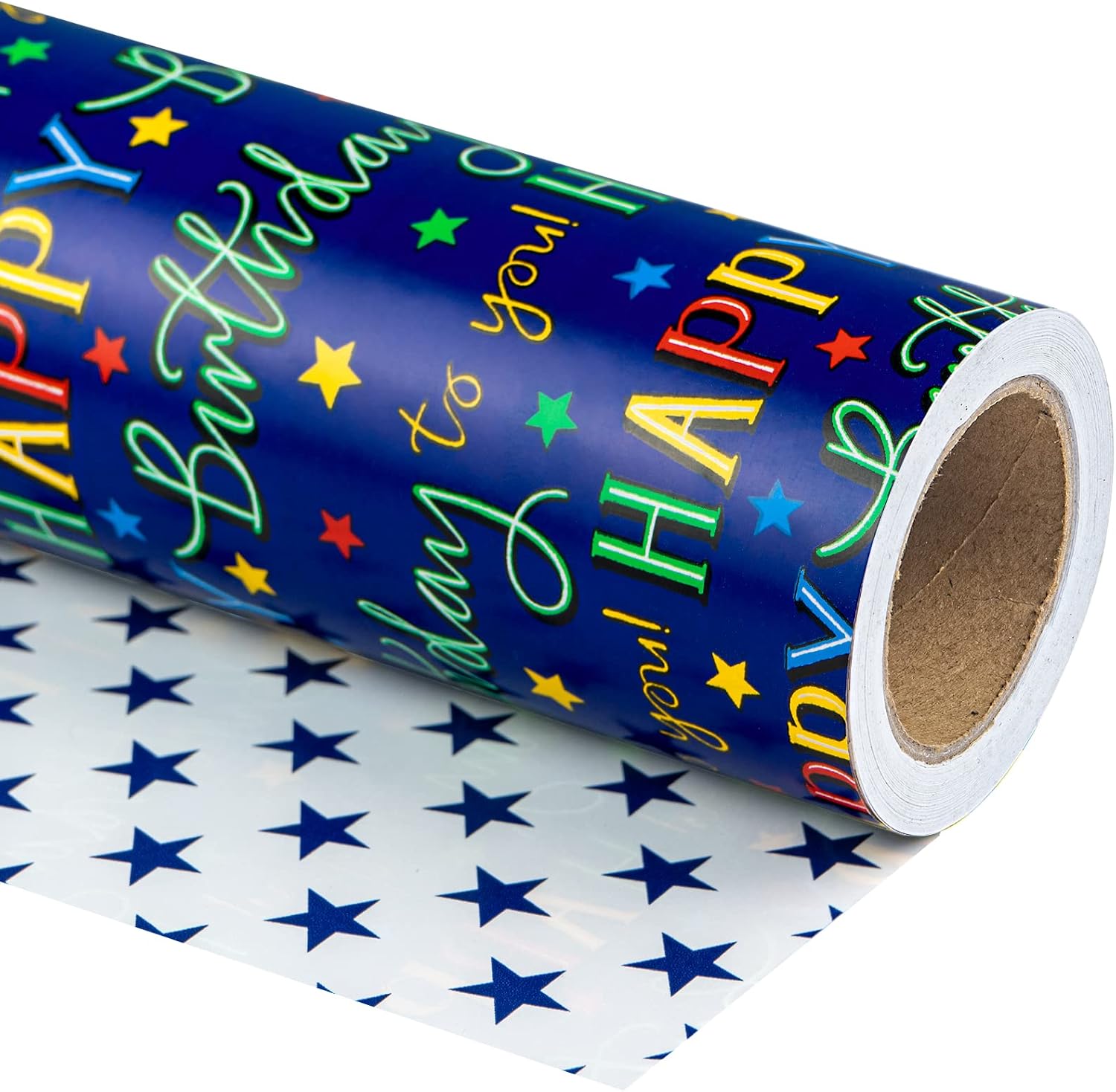 WRAPAHOLIC reversible birthday wrapping paper front view showcasing colorful lettering design.