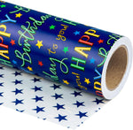 WRAPAHOLIC reversible birthday wrapping paper front view showcasing colorful lettering design.