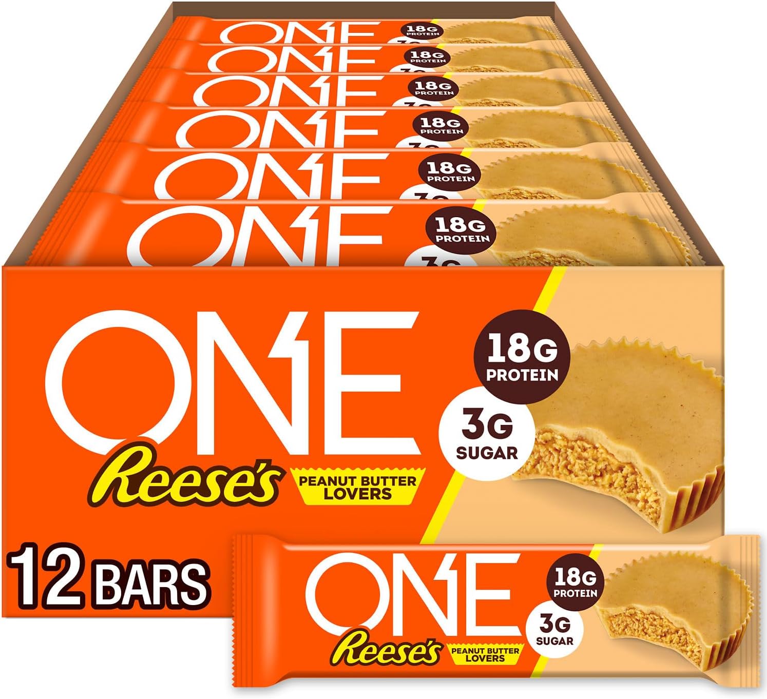 ONE Protein Bars, Reese's Peanut Butter Lovers, Gluten Free with 18g Protein and 3g Sugar, Pantry Staples, 2.12 oz (12 Count) - Image 1