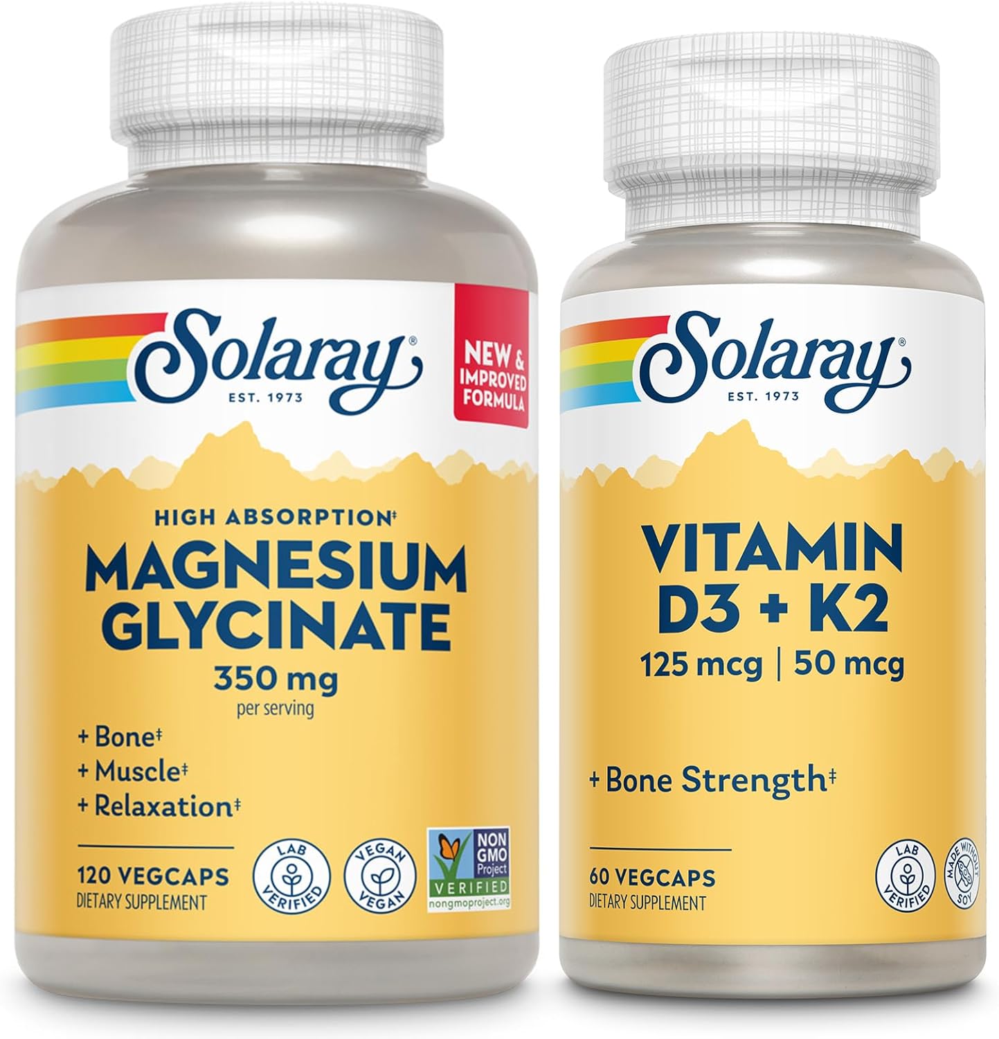 SOLARAY Magnesium Glycinate and Vitamin D3 K2 Bundle - High Absorption Chelated Magnesium Bisglycinate and 5000 IU Vitamin D - 120 VegCaps (30 Servings) of Magnesium, 60 VegCaps (60 Servings) of D3 K2 - Image 1