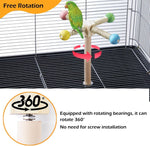 Close up view of the interactive rotating bearing and colorful beads on the bird exercise wheel