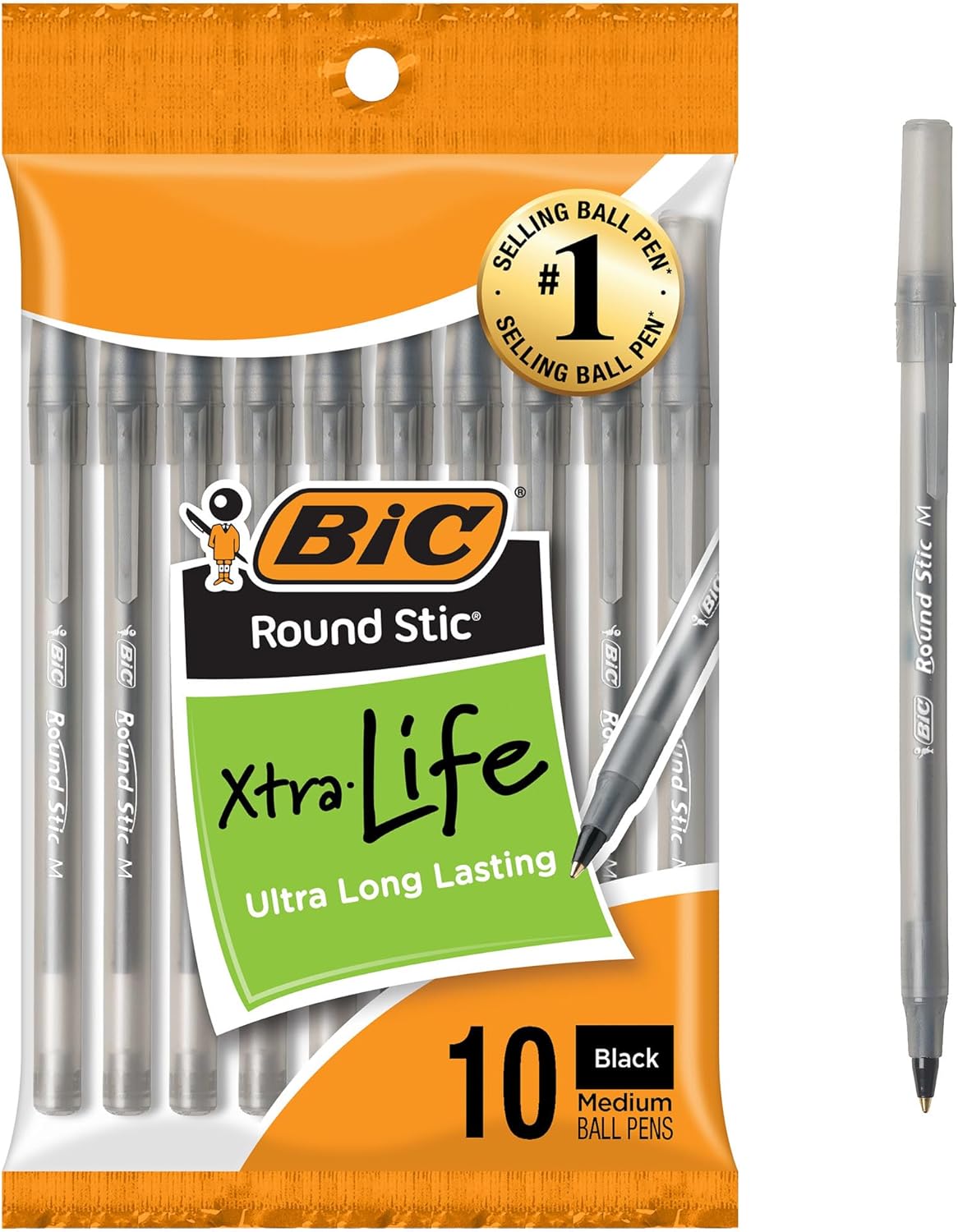 BIC Round Stic Ballpoint Pen front view of the ten pack packaging showcasing authentic black medium point pens.