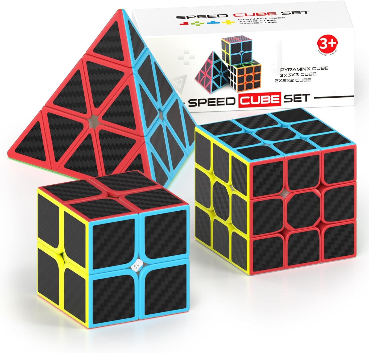 Vdealen Speed Cube Set front view of the 2x2, 3x3, and pyramid puzzles showing carbon fiber texture.