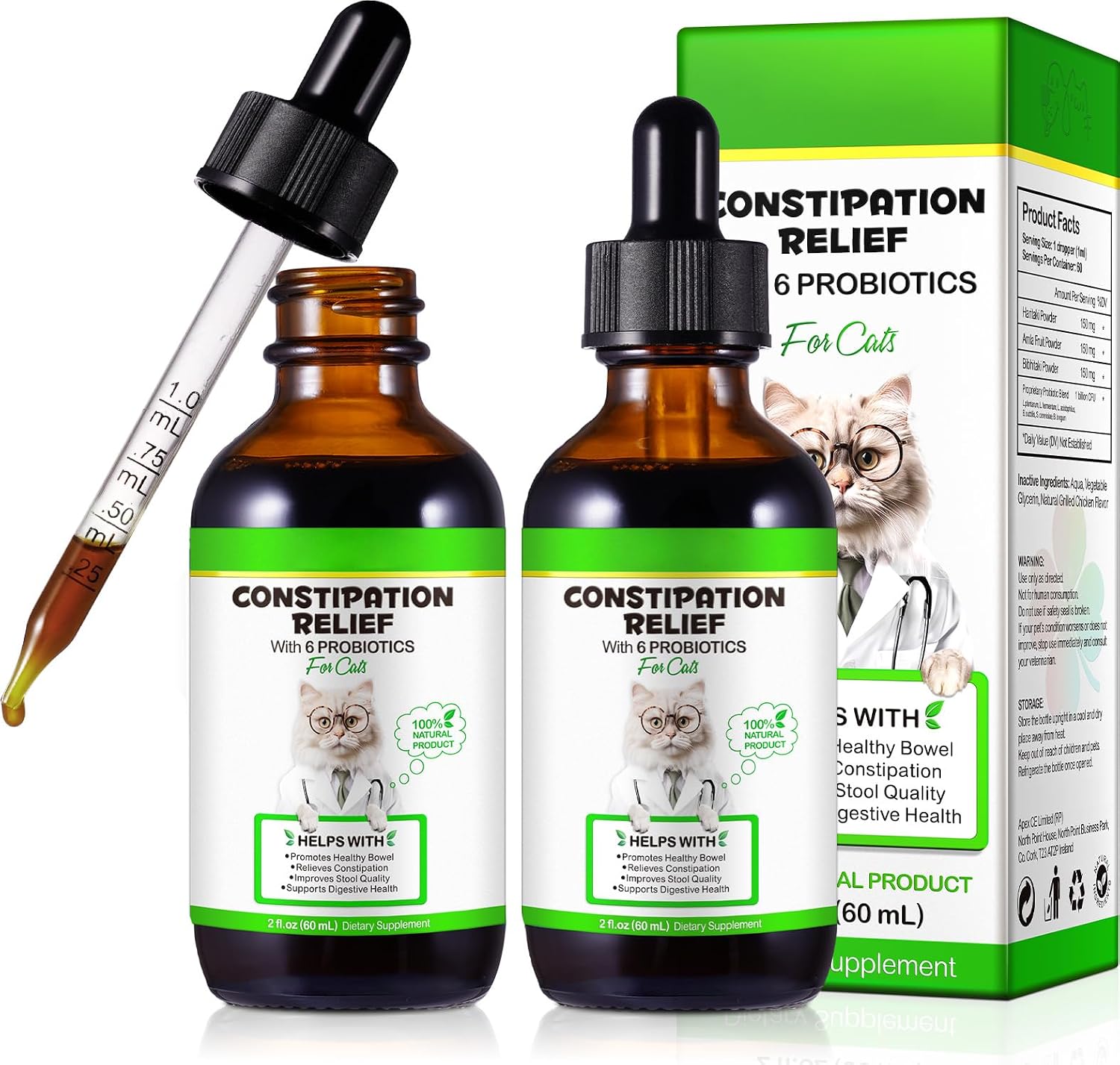 Onznoz cat constipation relief liquid drops front view for feline digestive support