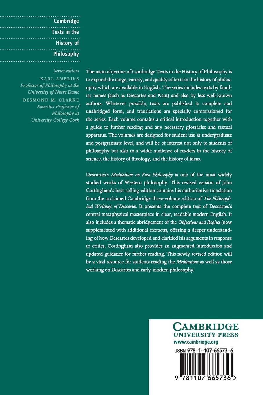 Back cover and publication details of Cambridge University Press philosophy text