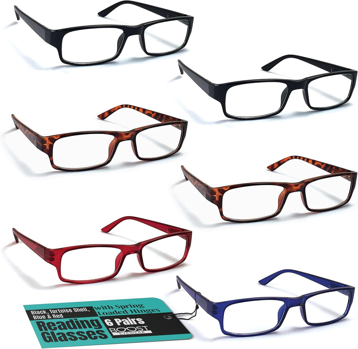 Boost Eyewear 6 pack reading glasses assorted colors front view