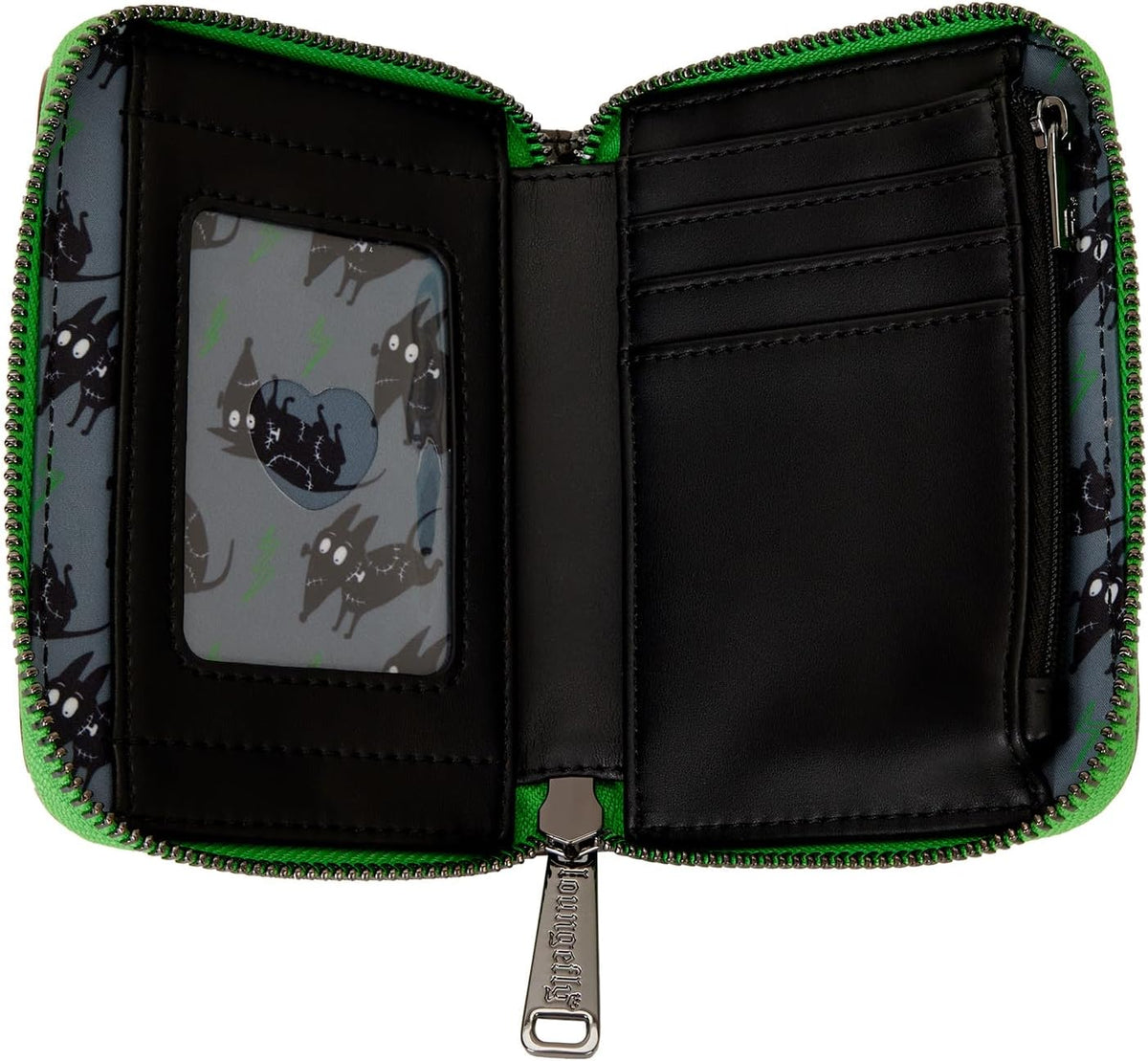Loungefly Disney Frankenweenie wallet side angle showing zip around closure and hardware