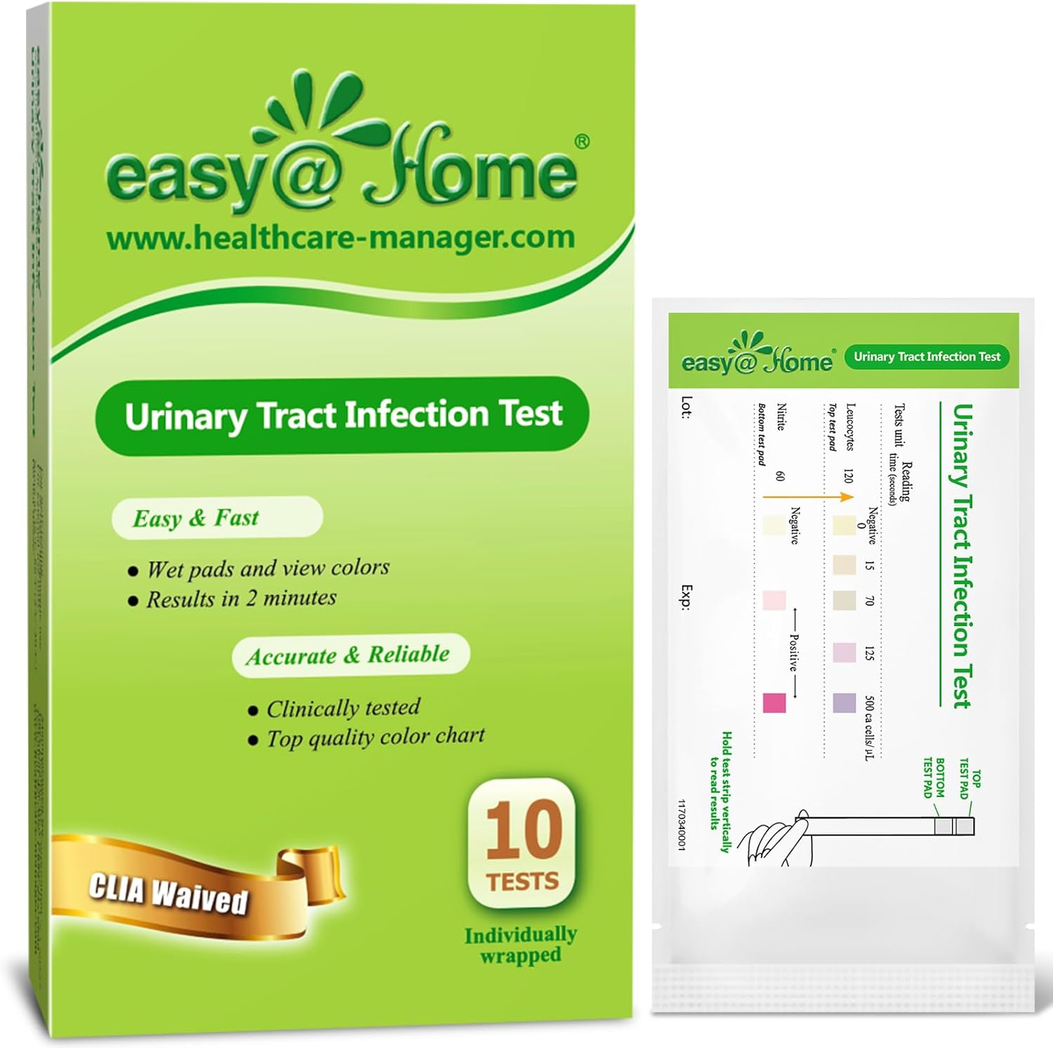 Easy@Home 10 Individual Pouch Urinary Tract Infection FSA Eligible Test Strips, UTI Urine Testing Kit for Urinalysis and Detection of Leukocytes and Nitrites- (UTI-10P) - Image 1