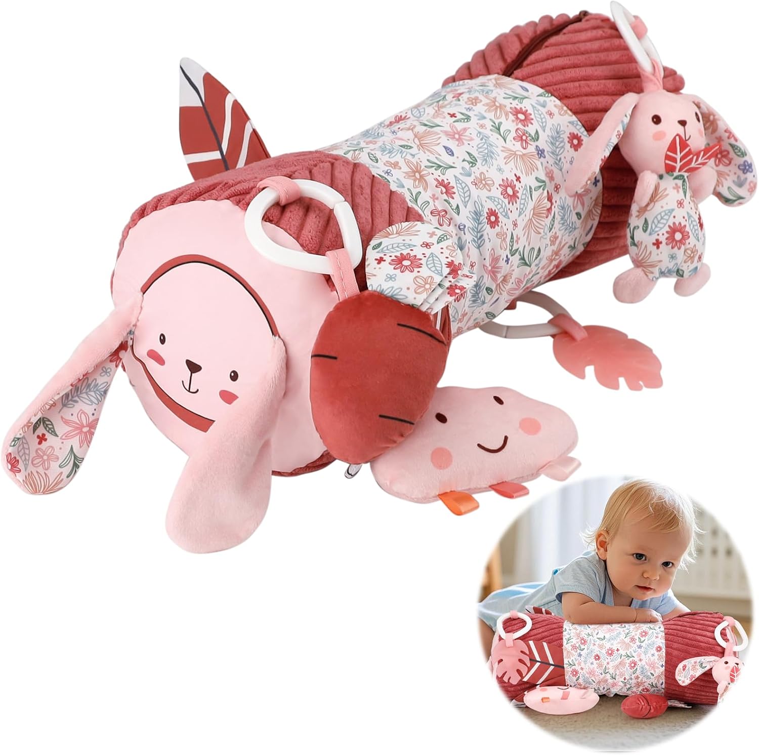 Vocheer tummy time pillow front view featuring the pink rabbit inflatable design with attached sensory toys for infant development.
