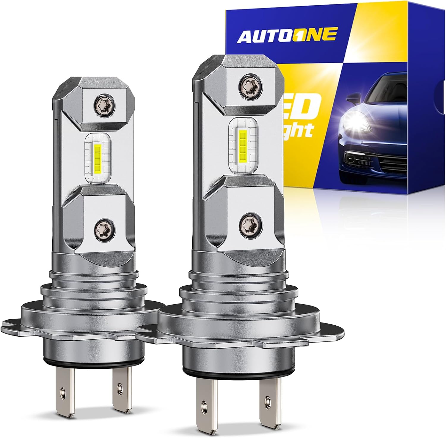 AUTOONE H7 LED Light Bulbs front view showcasing the silver aluminum alloy body and compact CSP LED chips.