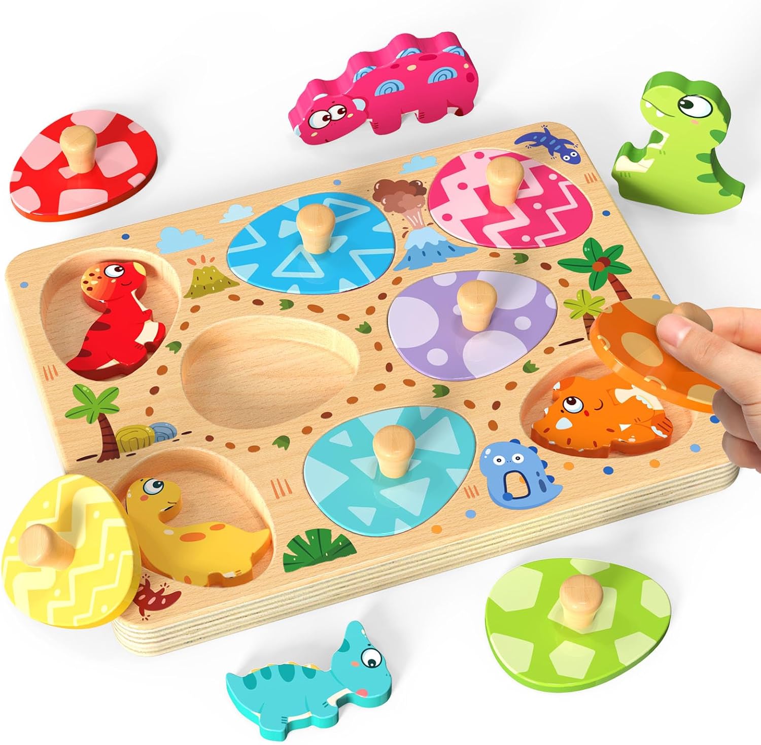 Zeoddler wooden dinosaur matching egg puzzle front view educational toy board for toddlers