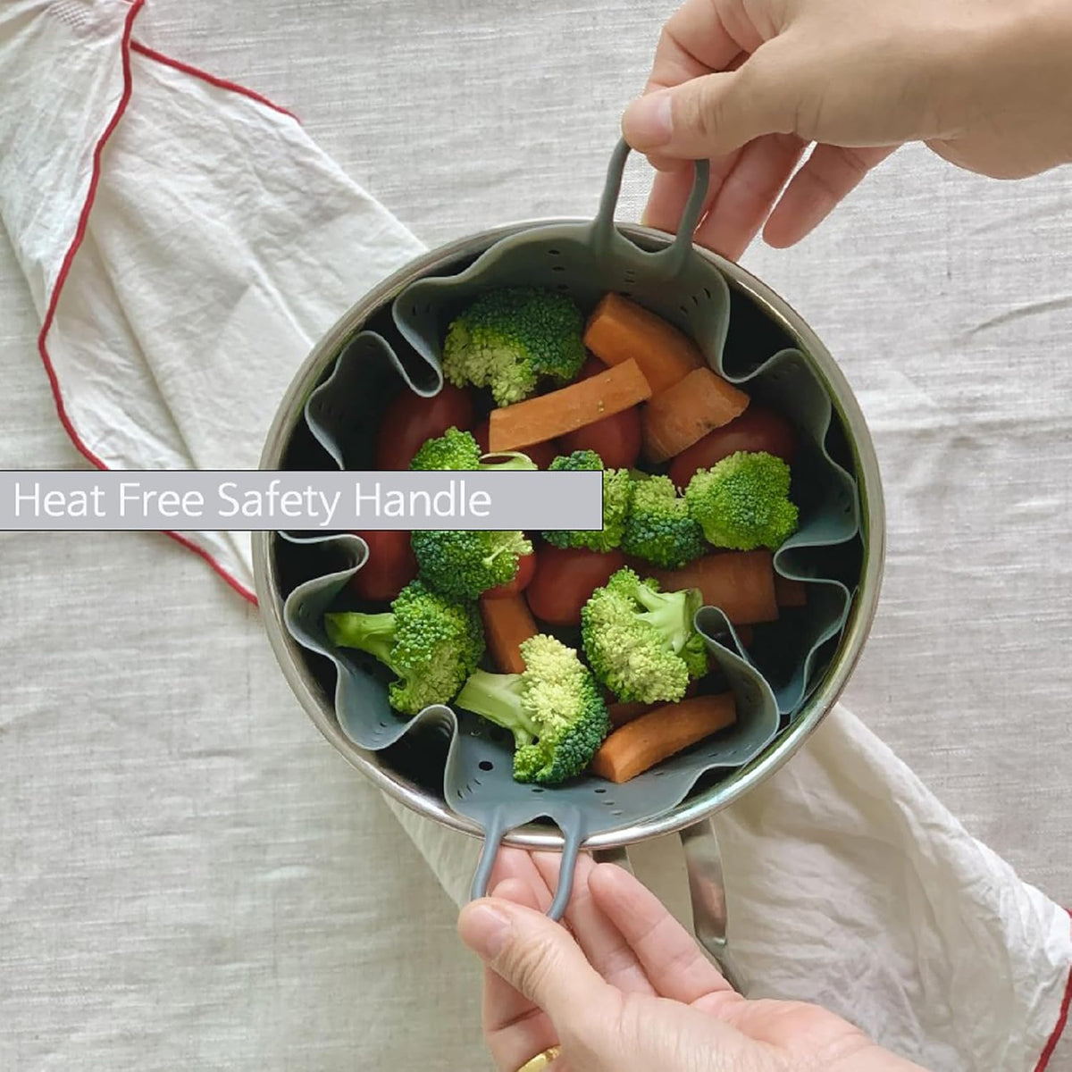 Top view of gray silicone vegetable steamer insert