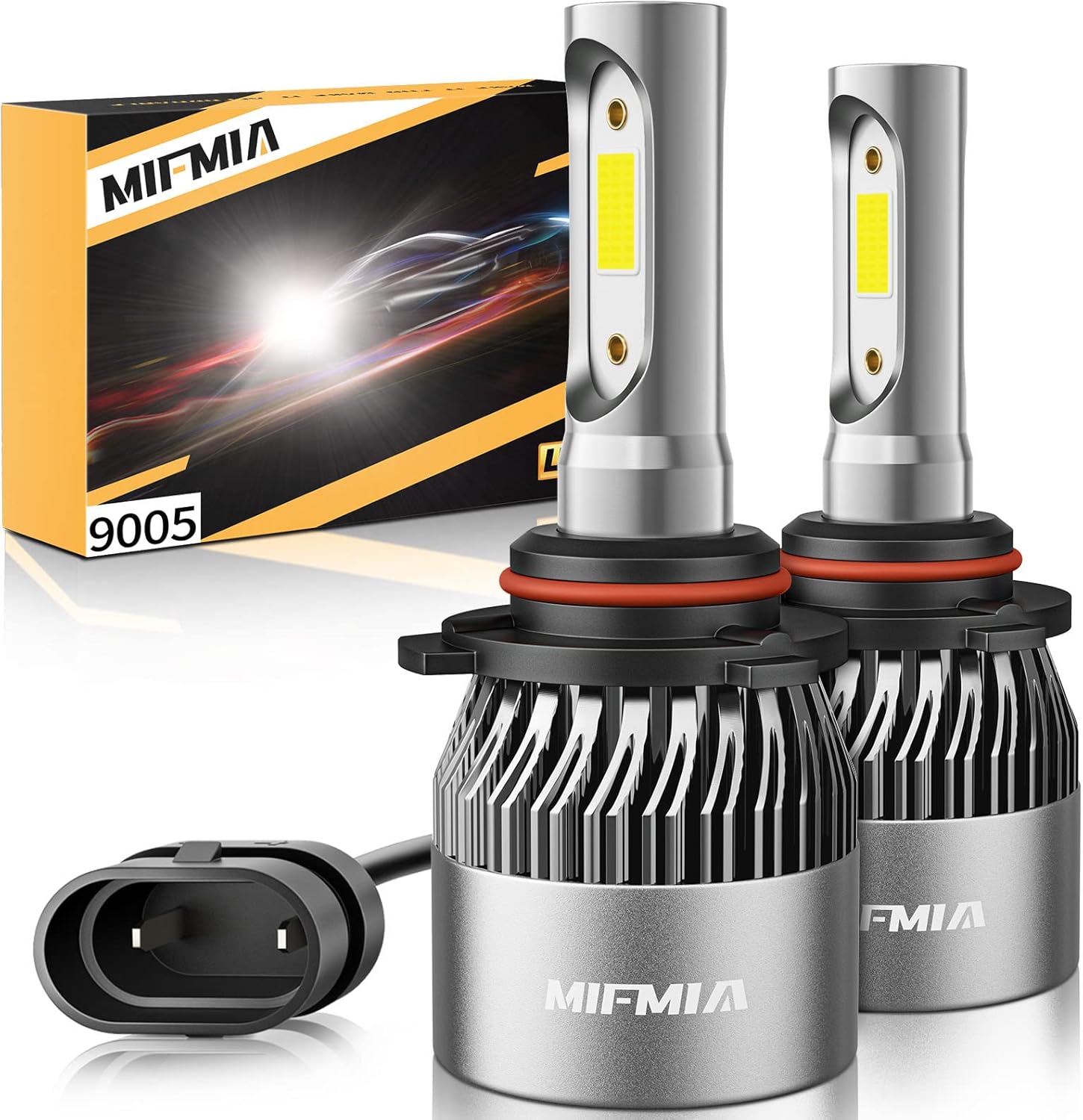MIFMIA 9005 HB3 LED headlight bulbs pack of two front view showing premium aviation aluminum body