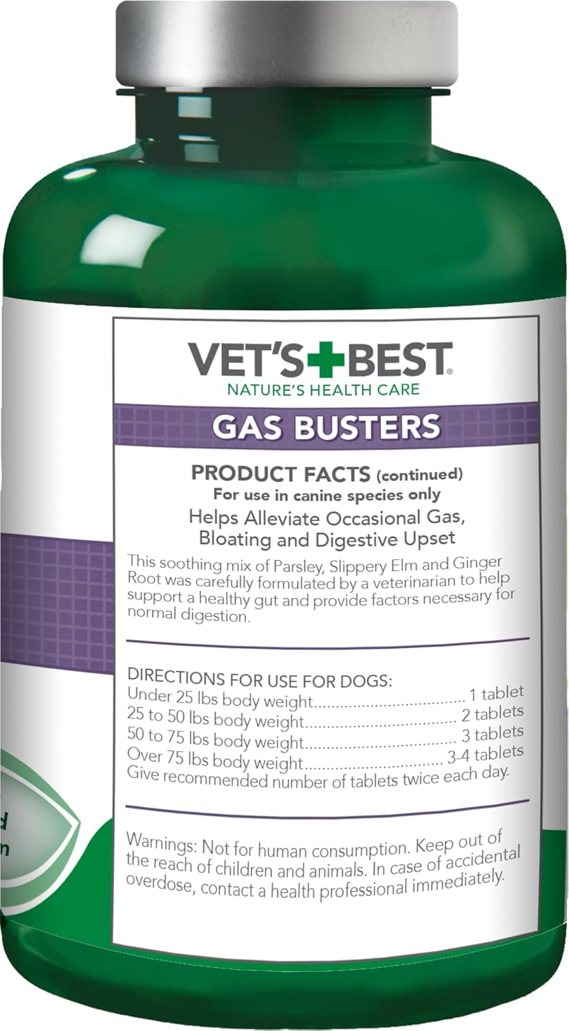 Vet's Best Gas Busters bottle label showing natural ingredients