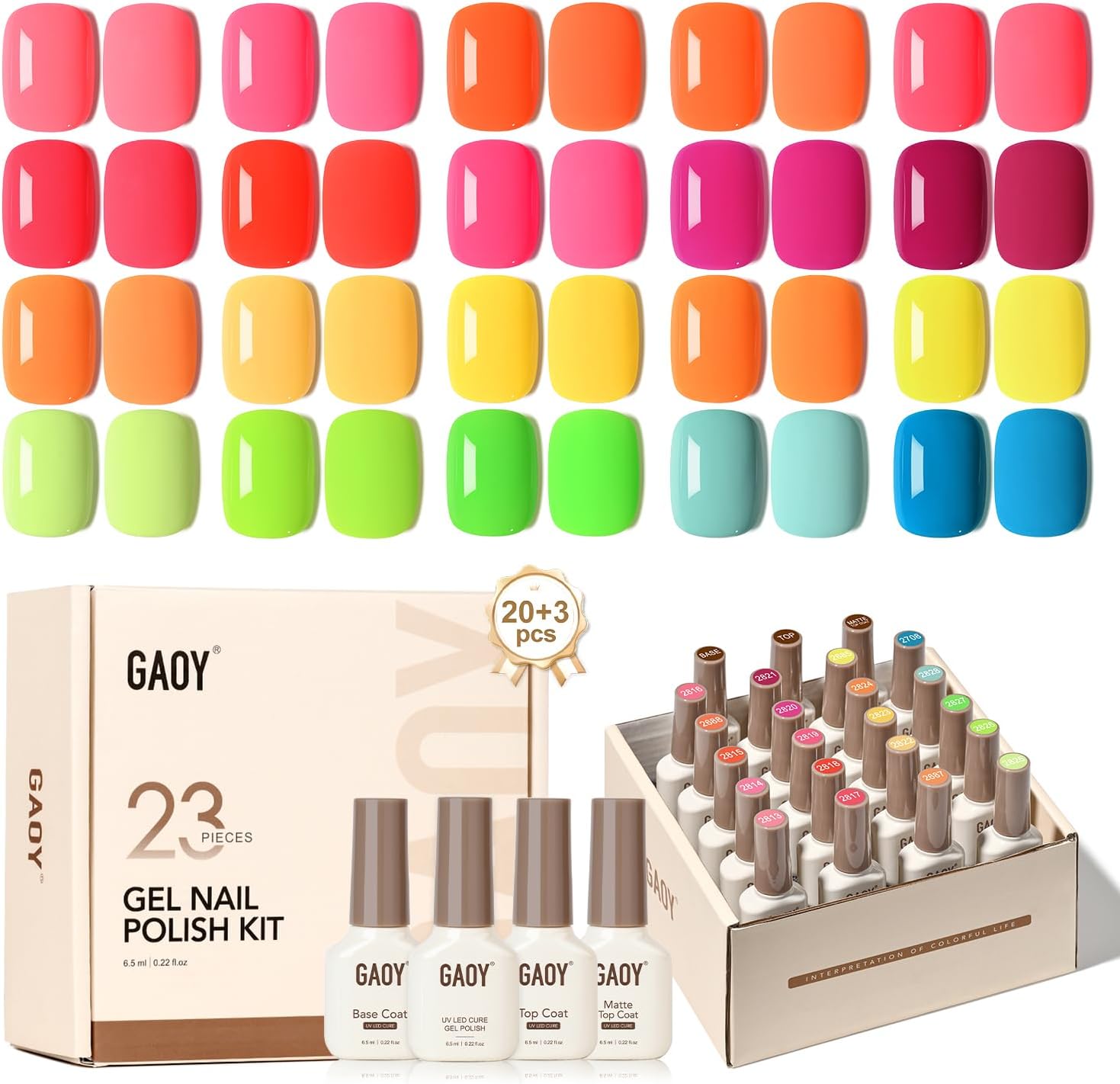 GAOY 23 Pcs Gel Nail Polish Kit, Bright Neon Rainbow Colors UV Gel Nail Polish Set with Glossy & Matte Top Coat and Base Coat for Nail Art DIY Kit - Image 1