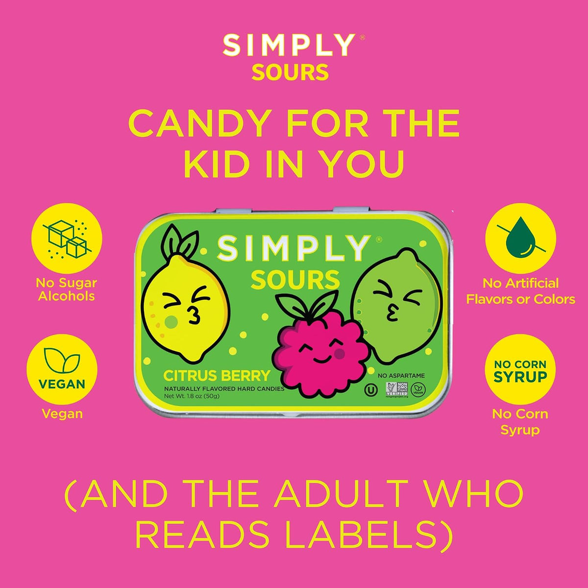 Assorted lemon lime raspberry sour pastilles showing clean ingredients