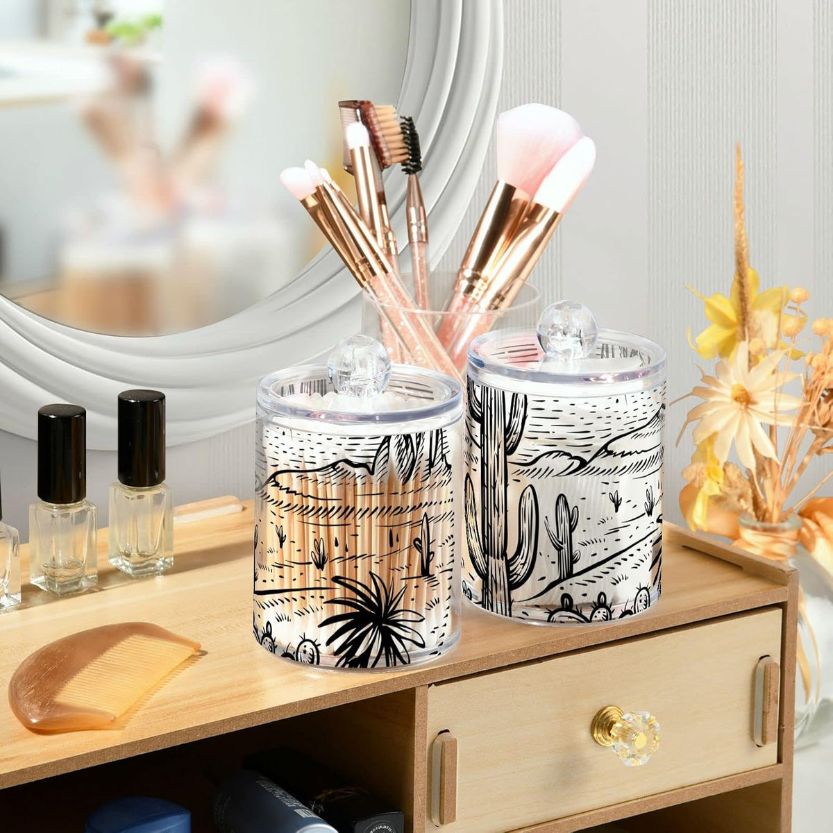 Wellday plastic bathroom organizer jars on vanity countertop