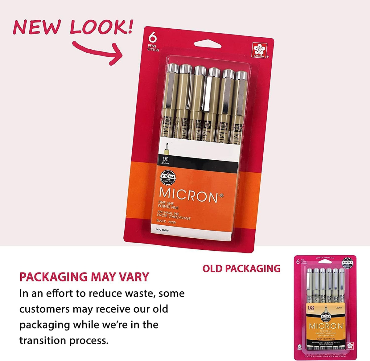 Complete six pack set of Sakura Pigma Micron black fineliners