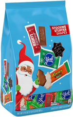 Festive holiday candy dish filled with assorted Hersheys imported Christmas chocolates.