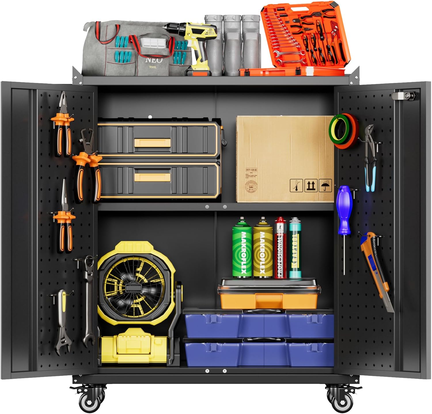 SUXXAN metal storage cabinet with wheels front view black rolling organizer