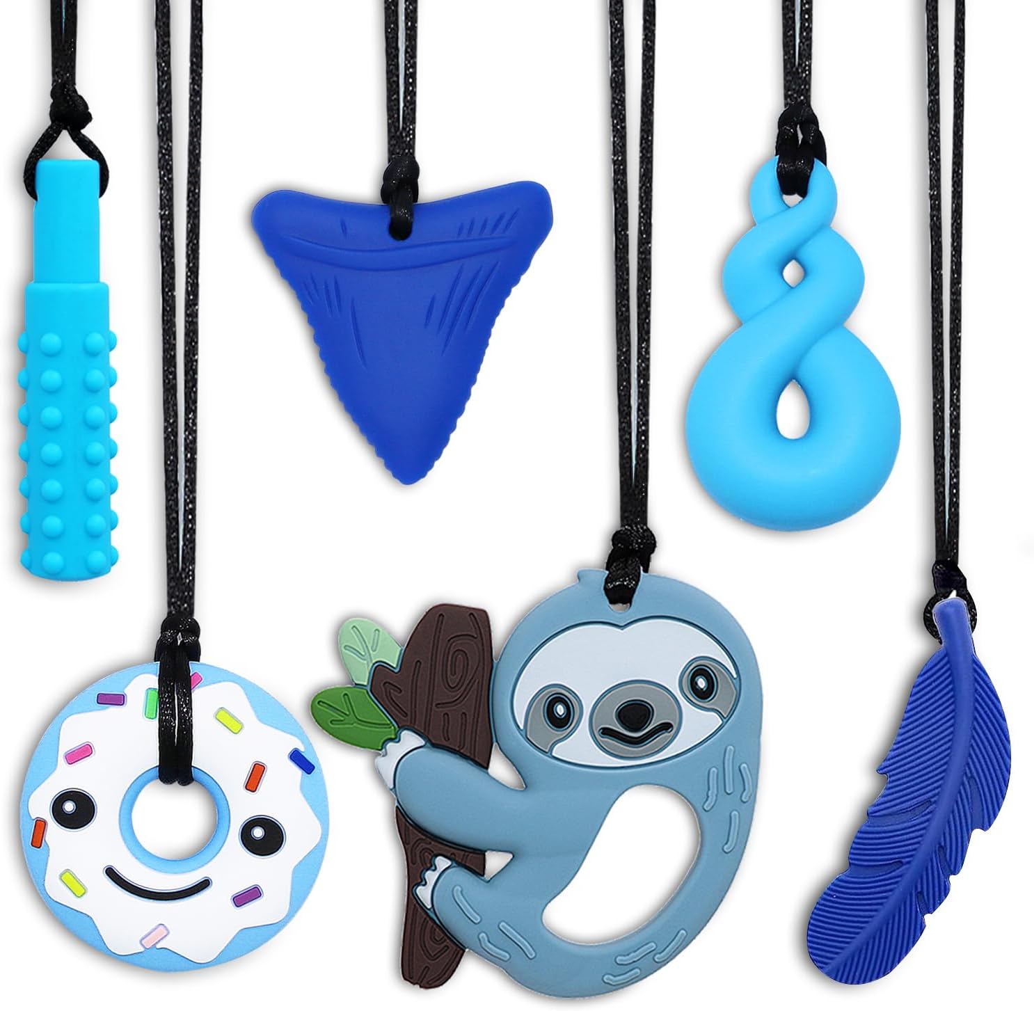 Olugu sensory chew necklaces 6 pack front view featuring multi-shaped silicone pendants.