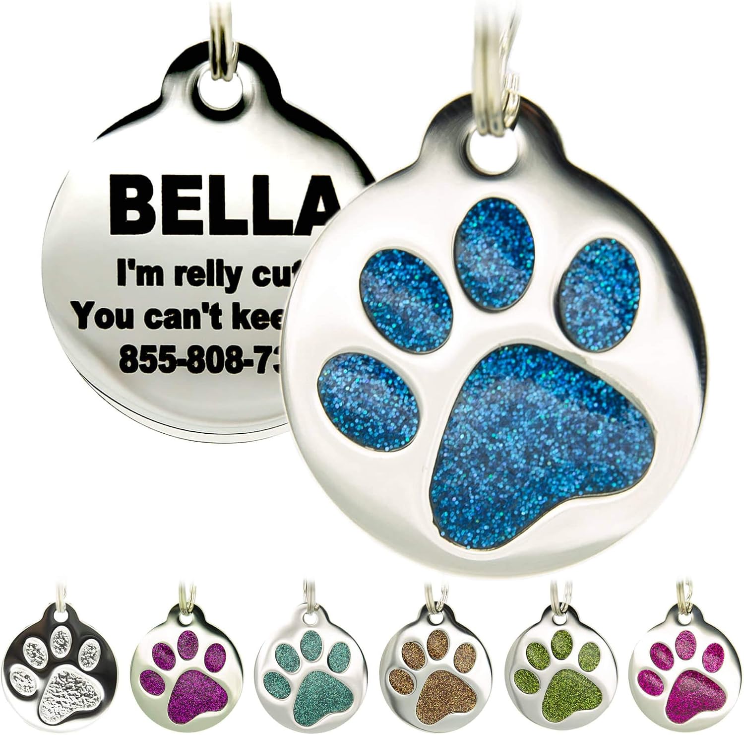 PetANTastic personalized paw print stainless steel pet tag front view ocean blue color