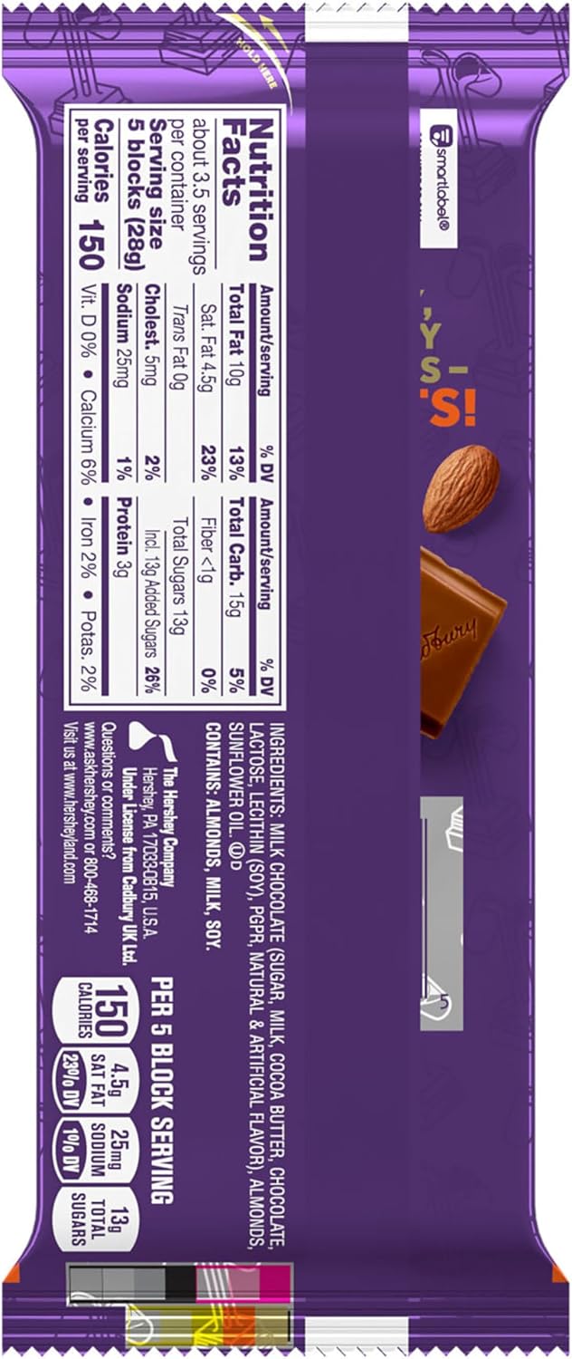 Close-up of USA-imported CADBURY milk chocolate bar with roasted almonds showcasing the rich texture and nut pieces.